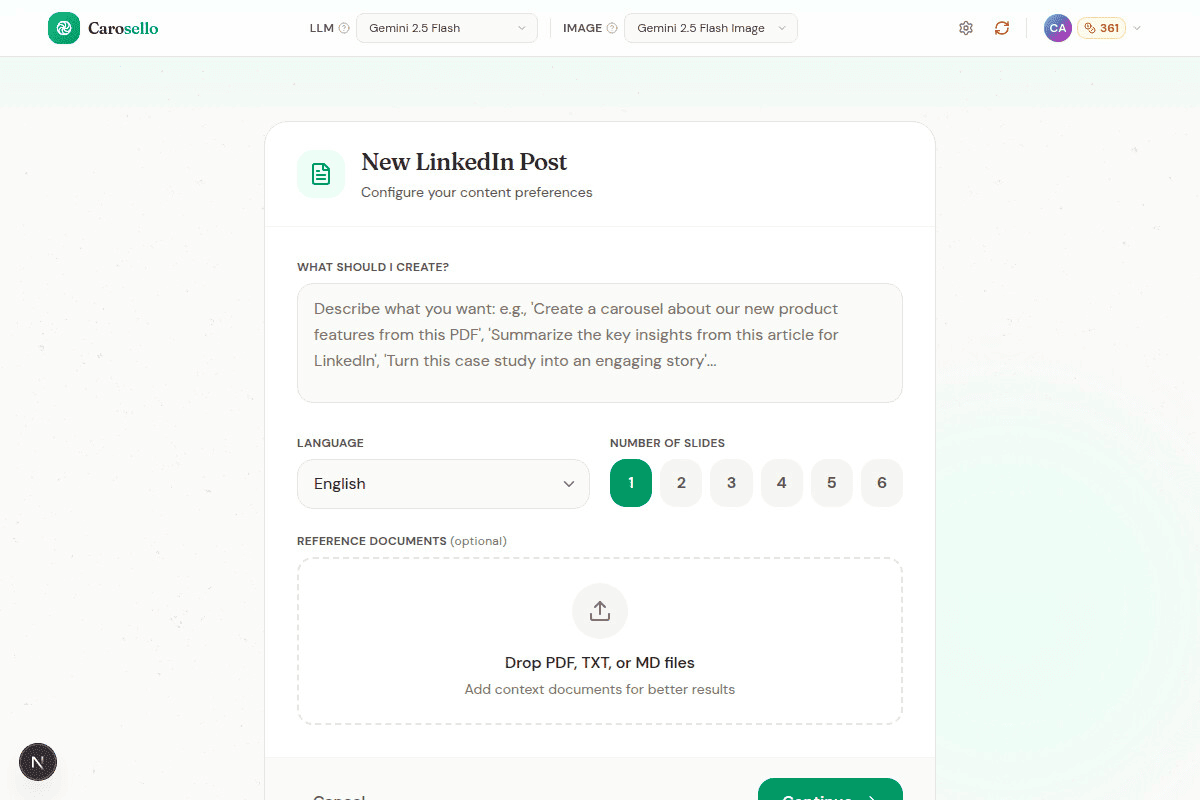 New LinkedIn post modal showing empty configuration form
