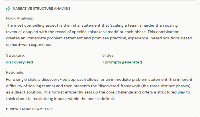 Narrative analysis clip showing hook assessment, discovery-led structure, and content strategy