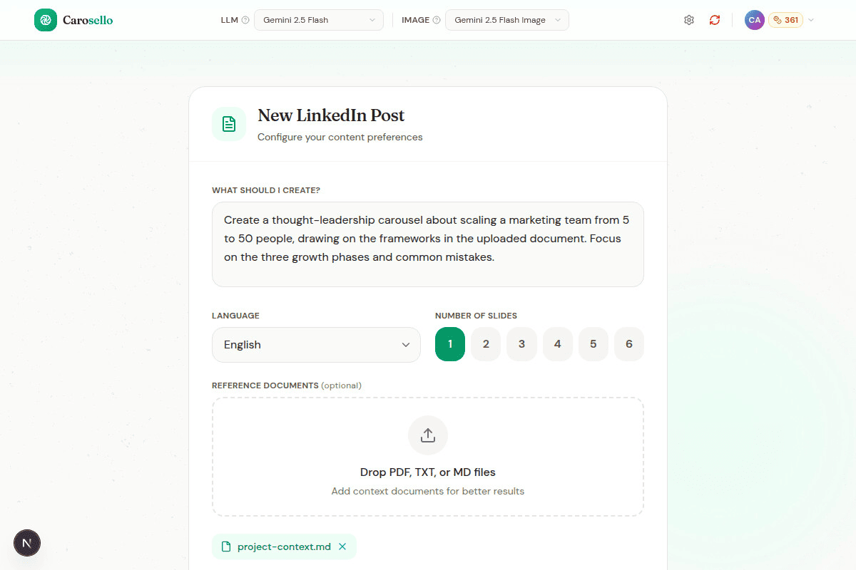 New post form filled with prompt about scaling marketing teams and 5 slides selected