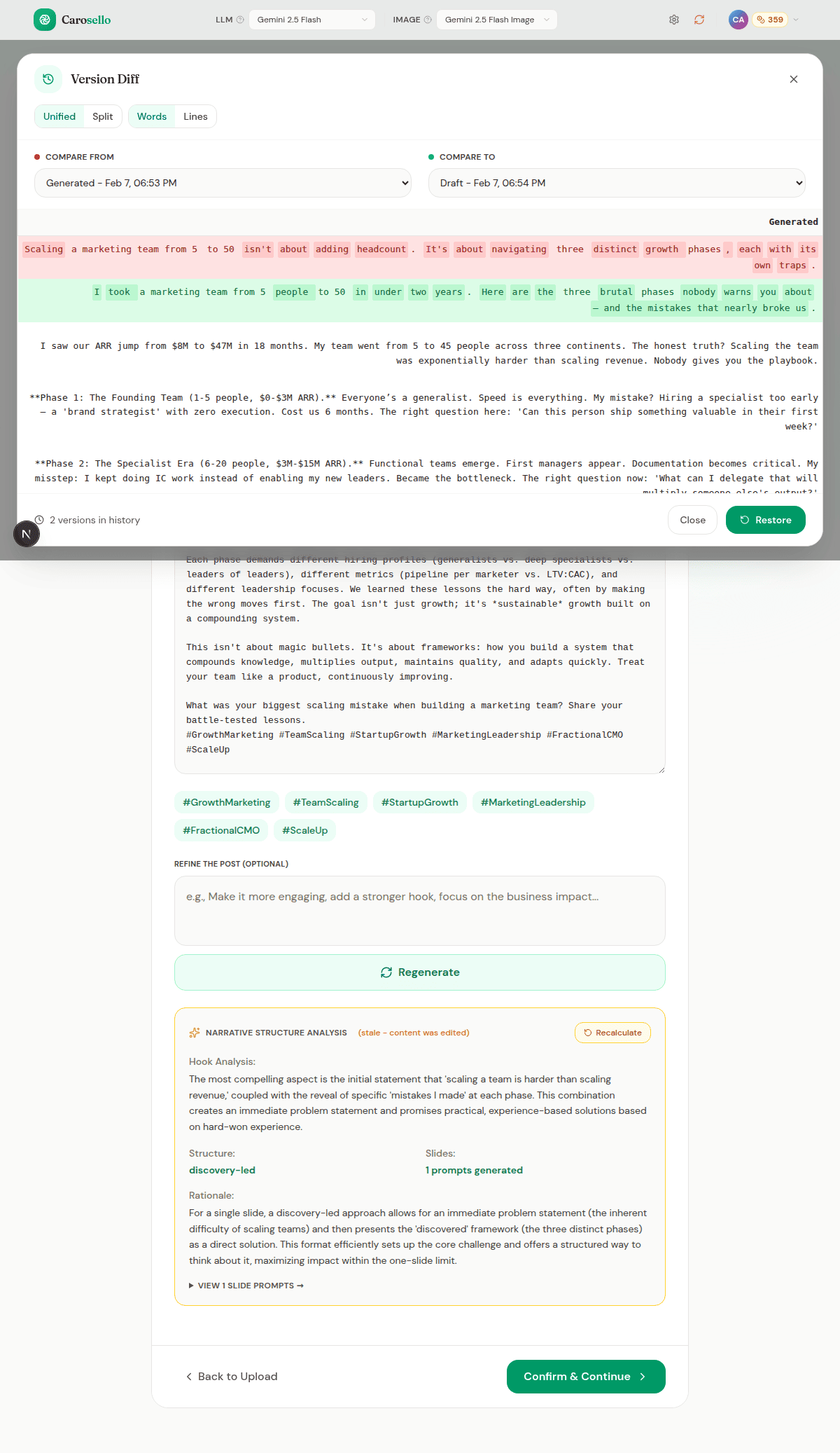 Unified diff view showing word-level comparison between generated and edited versions