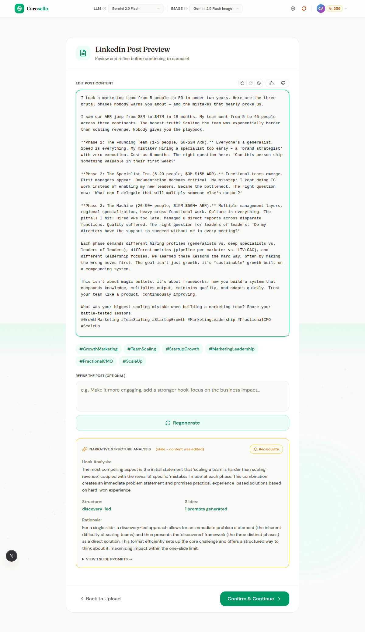 Carosello Review AI-Generated Post interface showing ai generates attention-grabbing hooks that stop the scroll