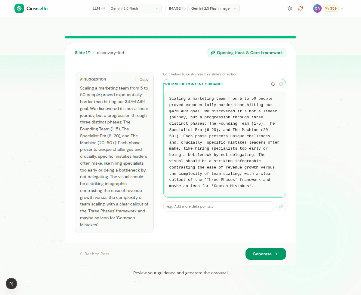 Carosello Design Carousel Slides interface showing drag-and-drop slide arrangement