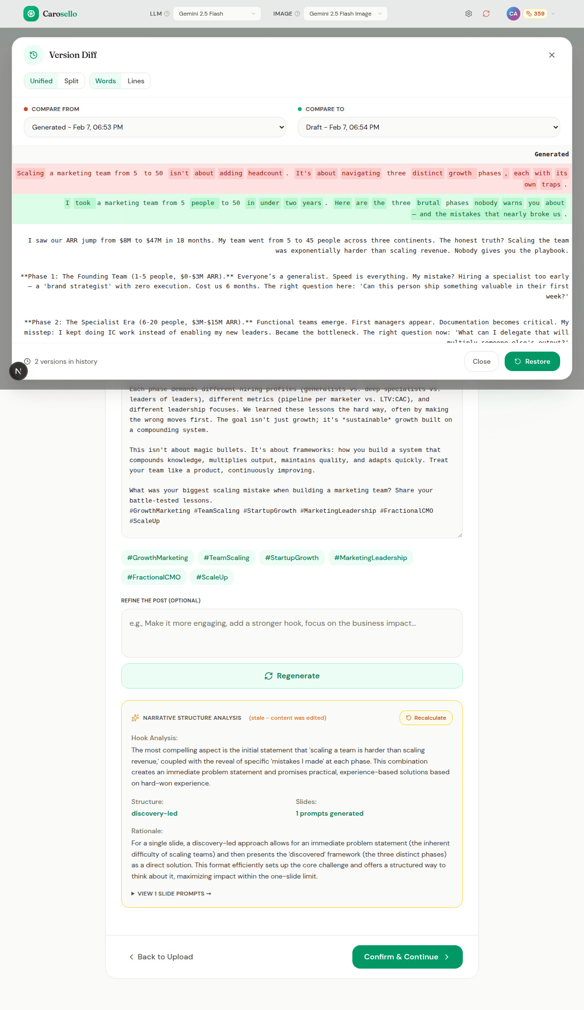 Version diff modal with split view comparing generated vs draft content with red-green highlights