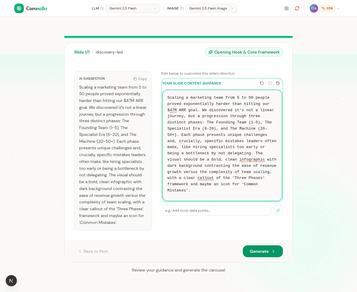 Slide 5 showing final CTA content ready to generate carousel images