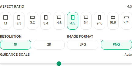 Aspect ratio, resolution, format, and guidance scale controls