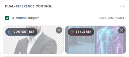 Dual-reference control panel showing content ref and style ref images attached with Human Subject enabled