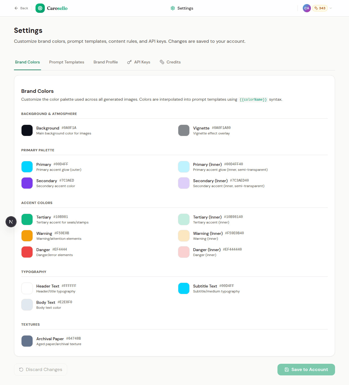 Settings showing full brand color palette overview with multiple color options