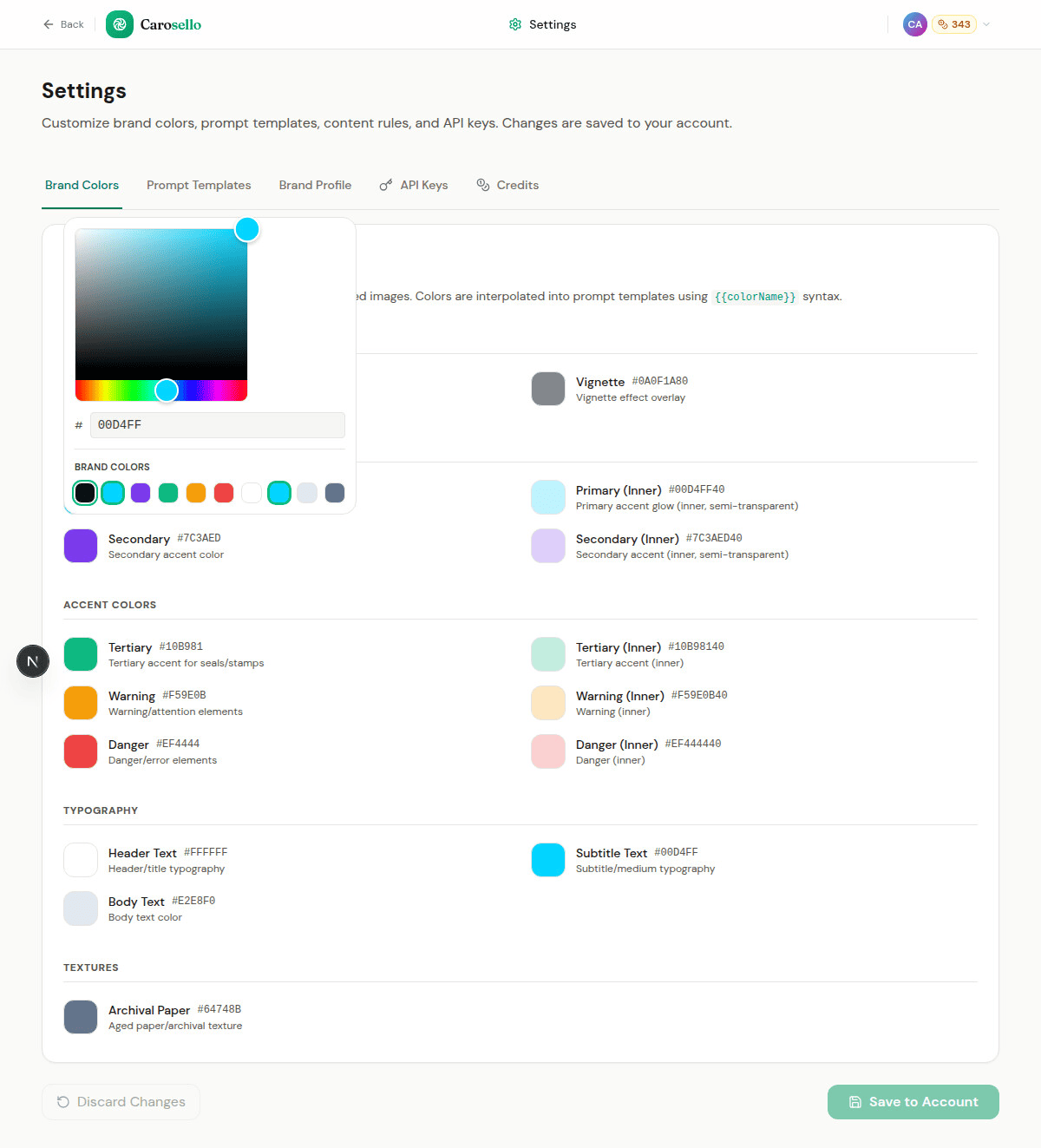 Brand color picker with gradient selector, hex input, and color swatches
