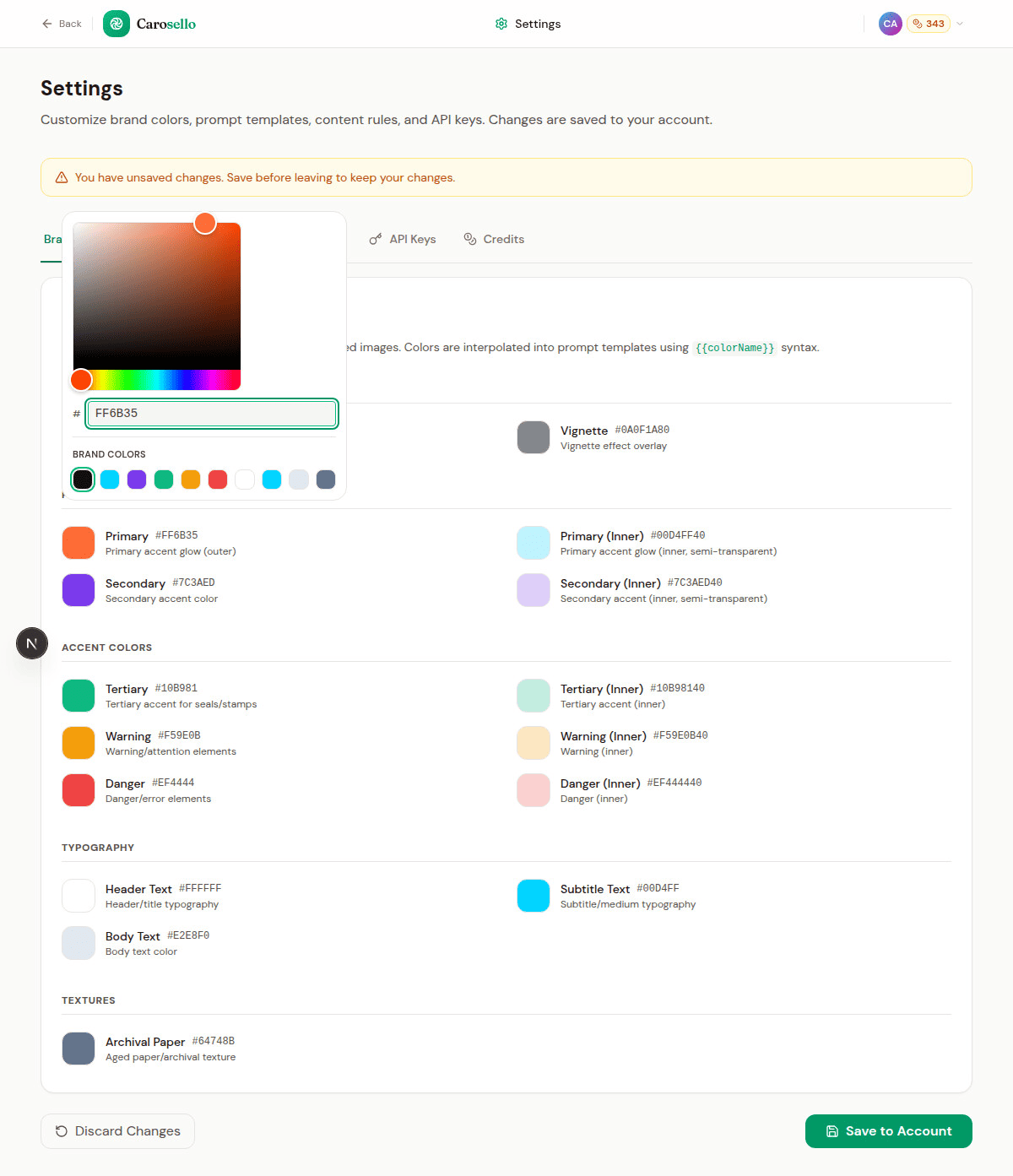 Brand colors updated with save and discard buttons visible
