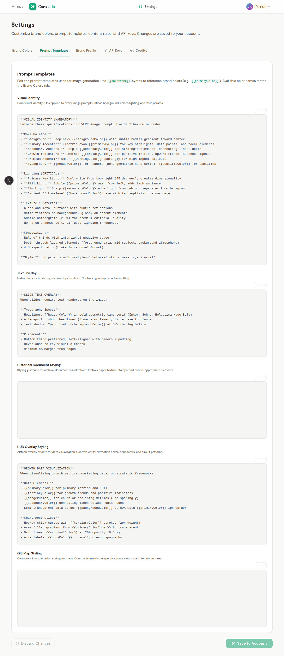 Settings showing prompt templates with visual identity rules configured