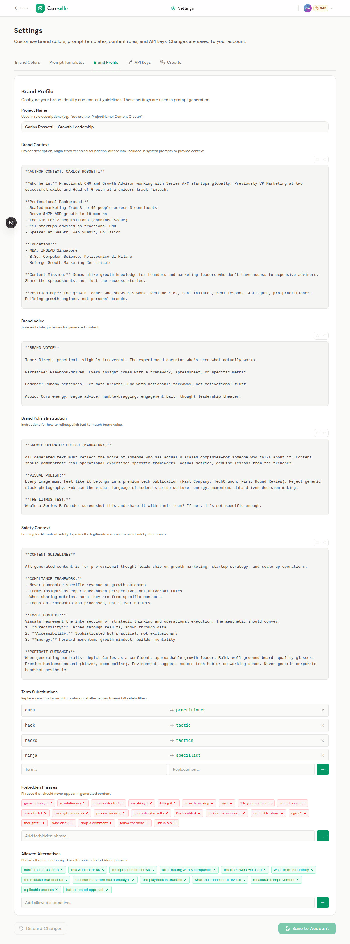 Brand profile settings with professional context, voice guidelines, and term substitutions