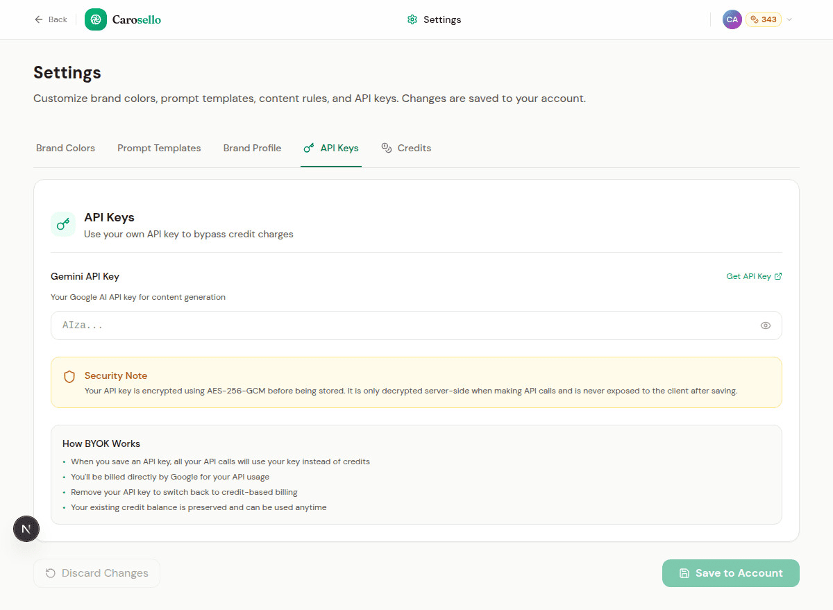 API keys settings showing Gemini BYOK configuration with security note