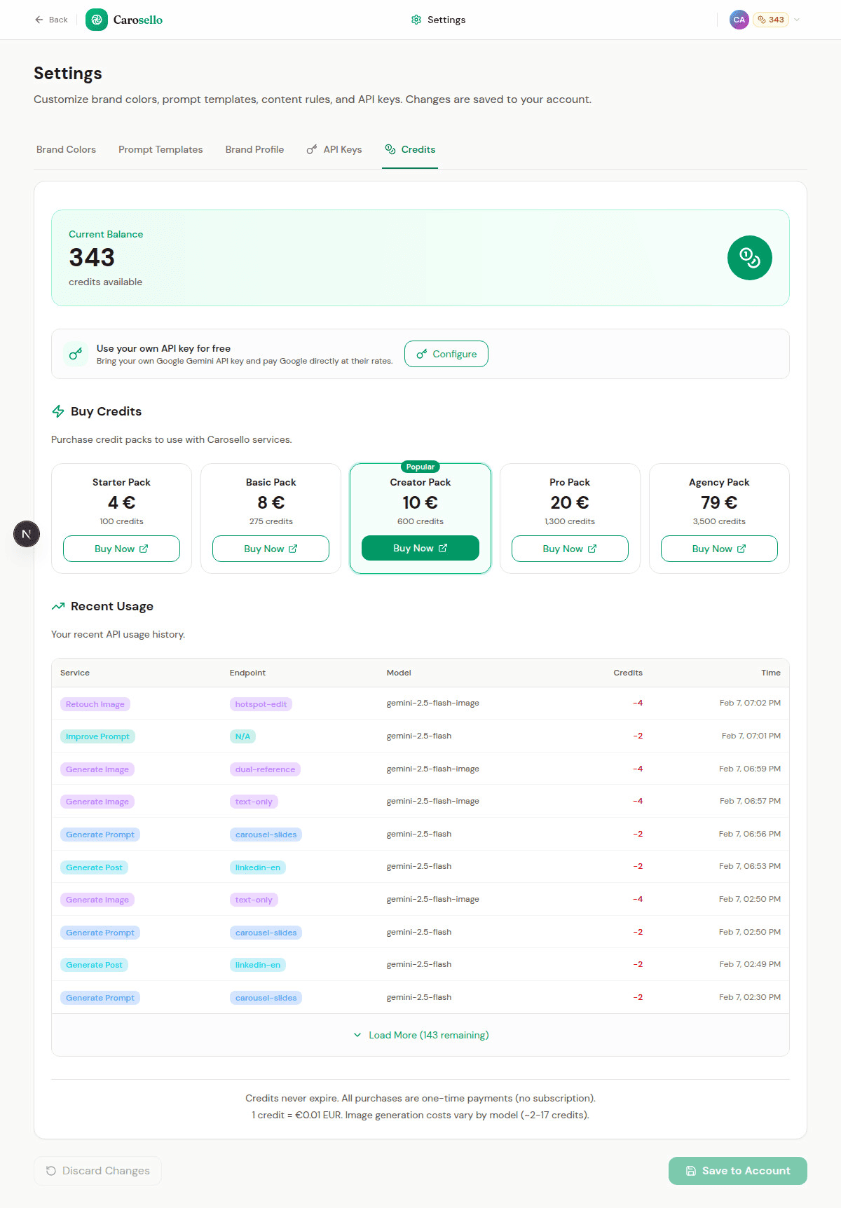 Credits settings showing balance, pricing tiers, and usage history