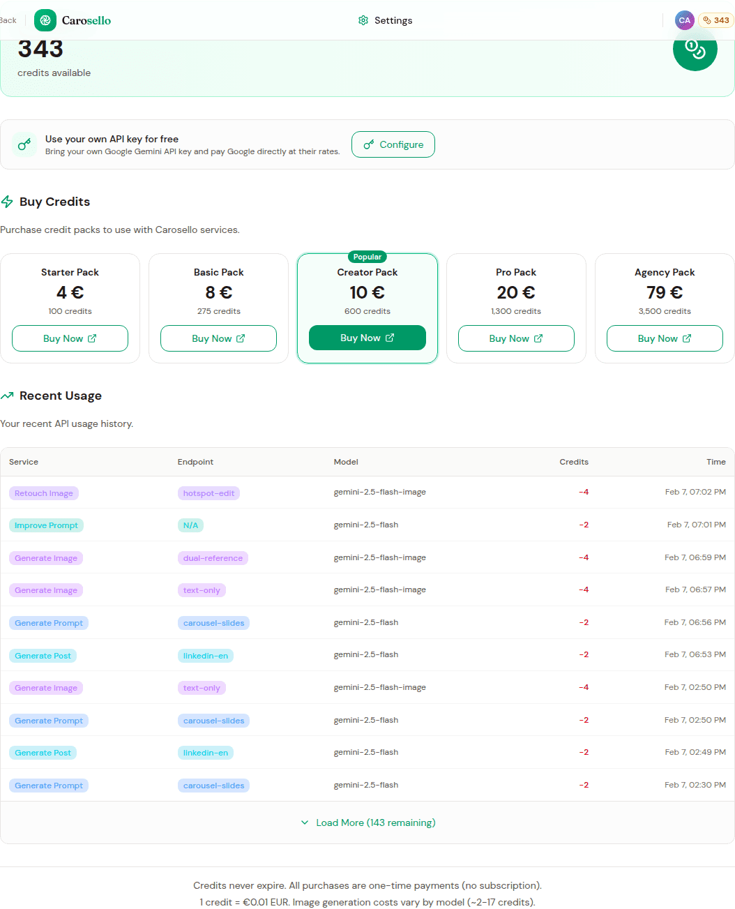 Detailed credits view showing balance, pricing packs from Starter to Agency, and recent API usage history