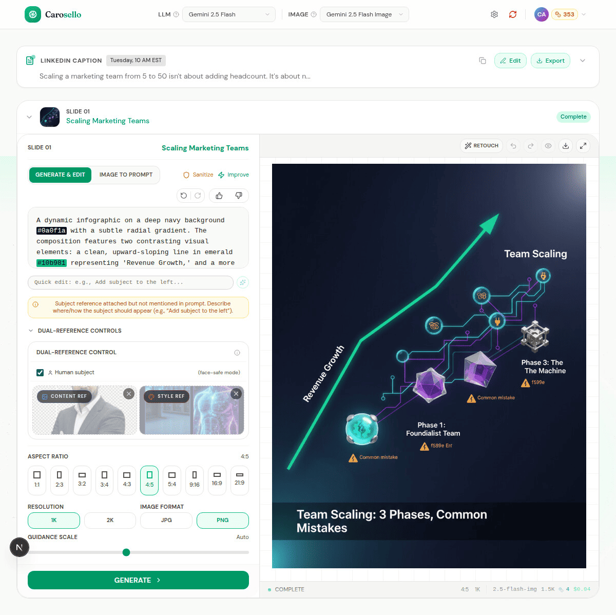 Dual-reference controls with subject portrait uploaded, style reference attached, and face-safe mode enabled