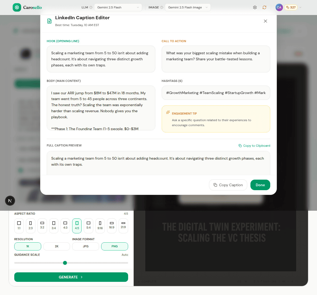 Carosello Download and Export interface showing download zip bundle with all slides and metadata
